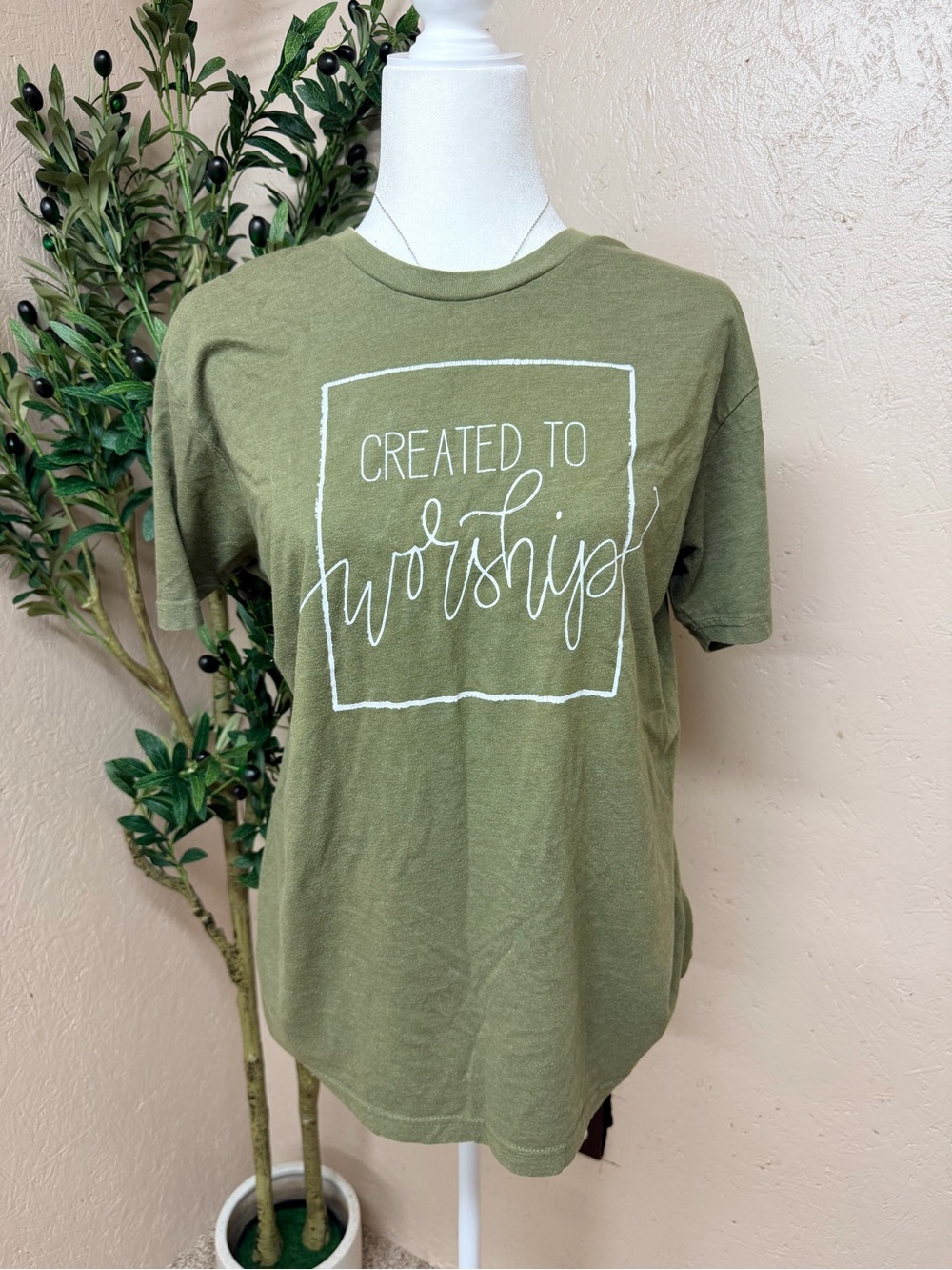 Next Level Apparel Olive Green Crewneck Tee with White Chest Graphic